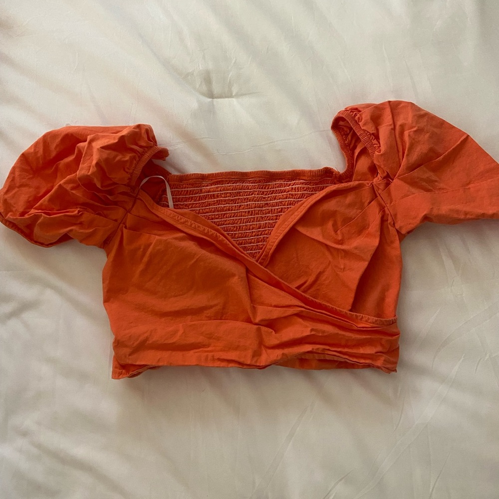 Orange Wrap Crop Top with Puffy Sleeves